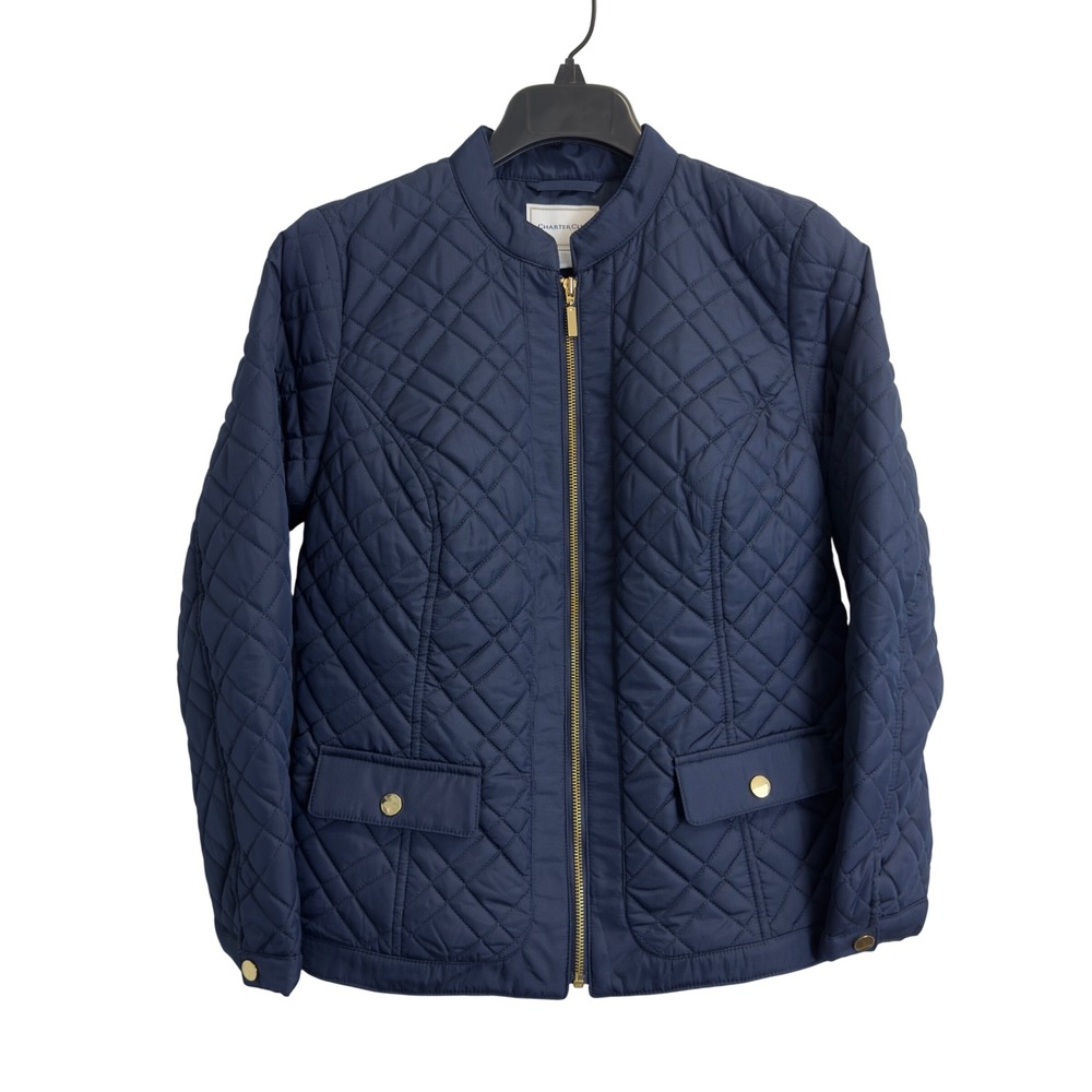 Charter Club Navy Blue Quilted Zip Up Jacket Womens Petite Small Gold Hardware